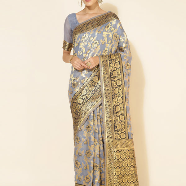 Janasya Grey Chanderi Silk Floral Woven Design Saree - Distacart