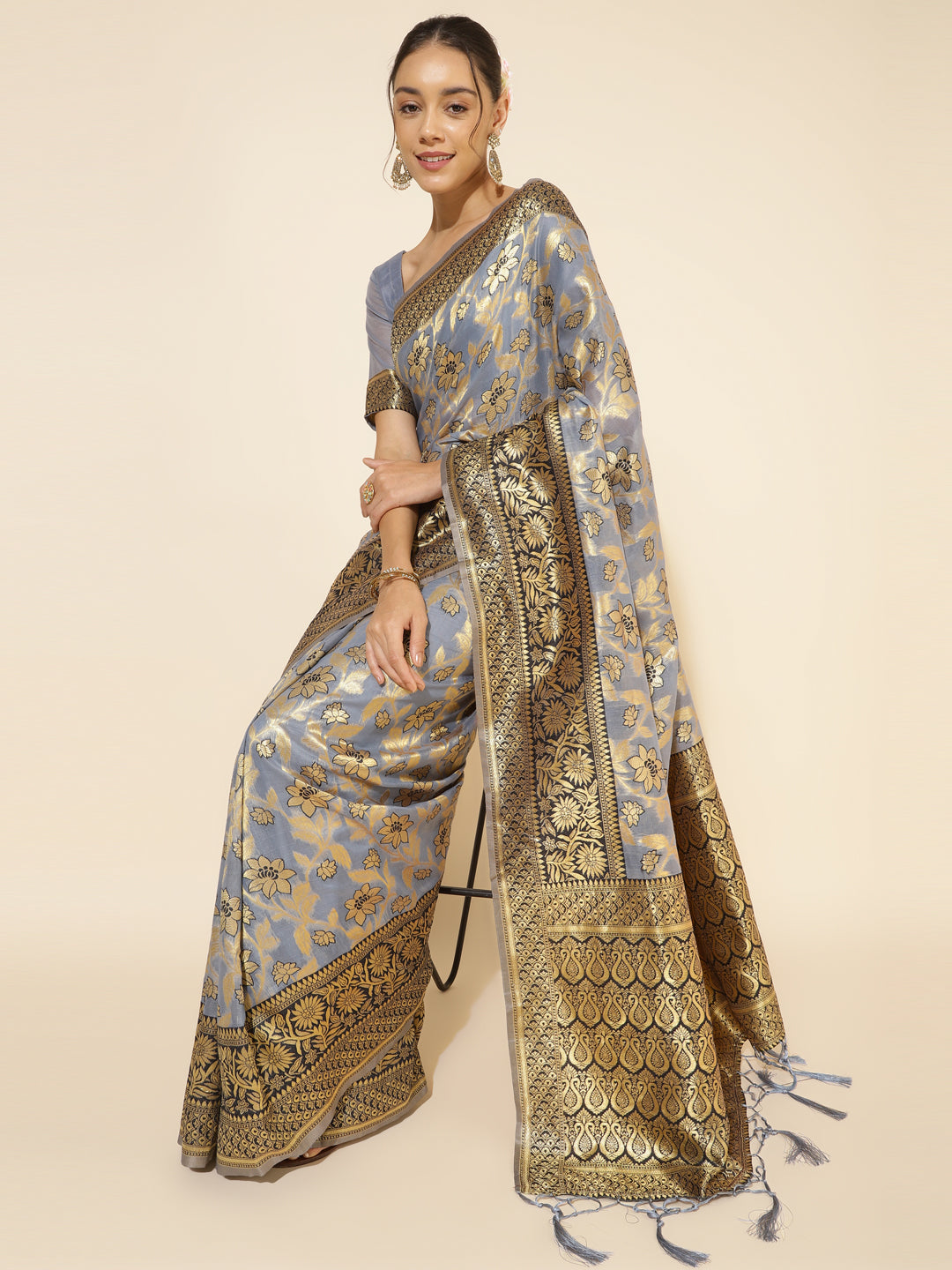 Janasya Grey Chanderi Silk Floral Woven Design Saree - Distacart