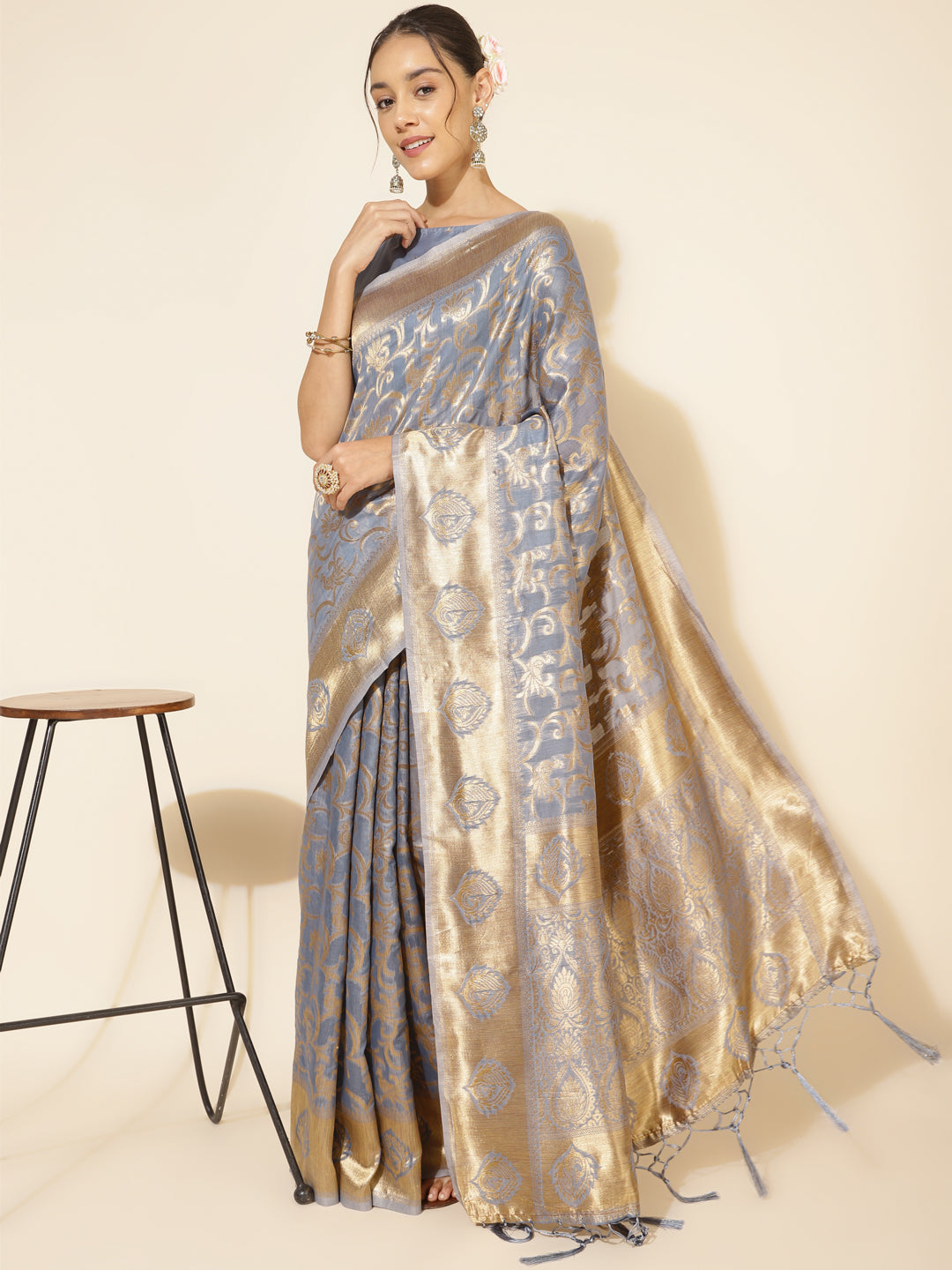 Janasya Grey Chanderi Silk Woven Ethnic Motifs Chanderi Silk Saree - Distacart