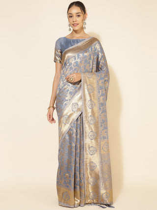 Janasya Grey Chanderi Silk Woven Ethnic Motifs Chanderi Silk Saree - Distacart