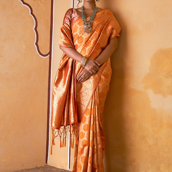 Janasya Yellow Organza Woven Ethnic Motifs Kanjeevaram Saree - Distacart