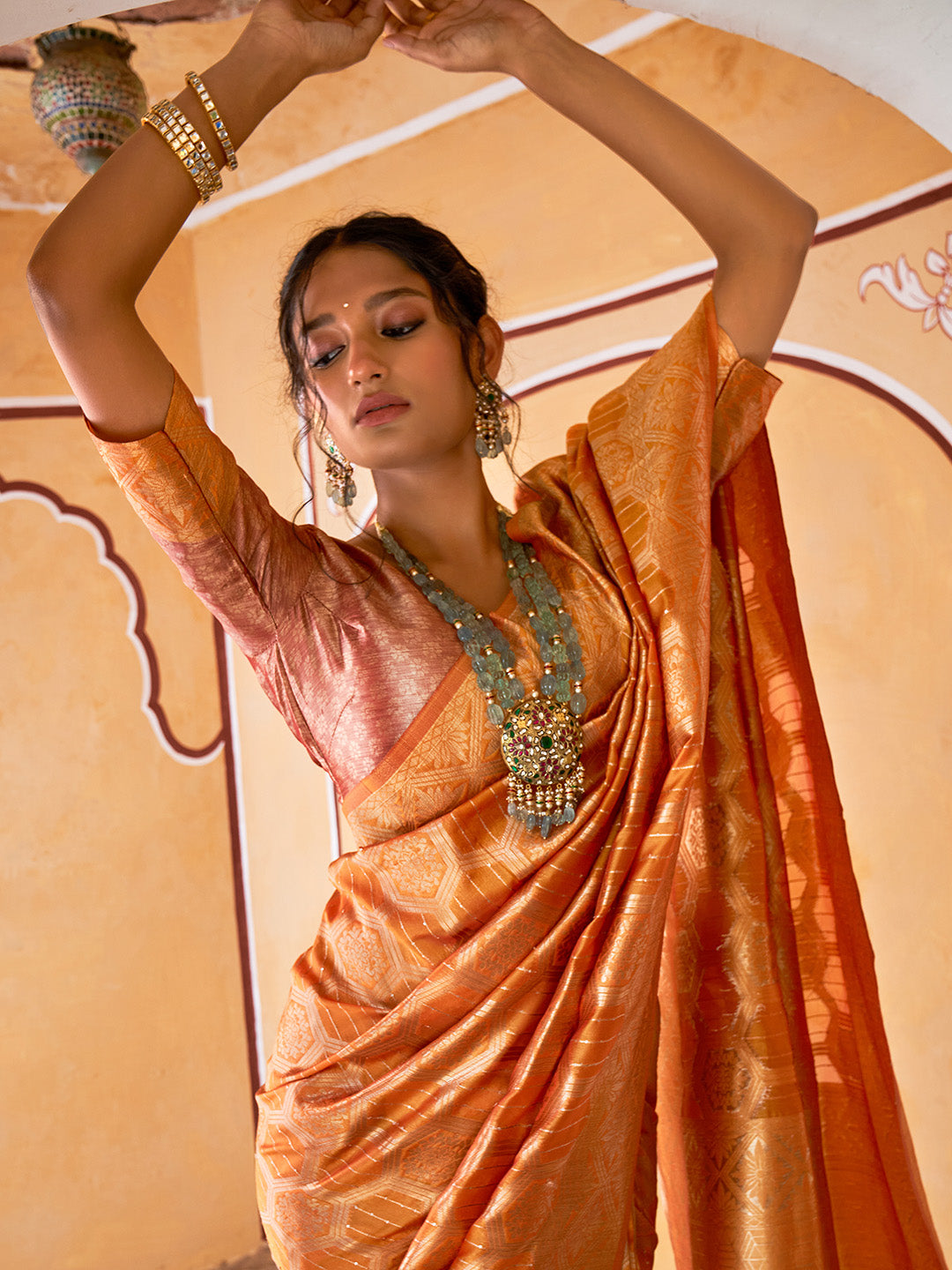 Janasya Yellow Organza Woven Ethnic Motifs Kanjeevaram Saree - Distacart