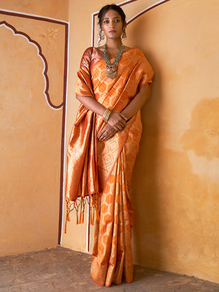 Janasya Yellow Organza Woven Ethnic Motifs Kanjeevaram Saree - Distacart