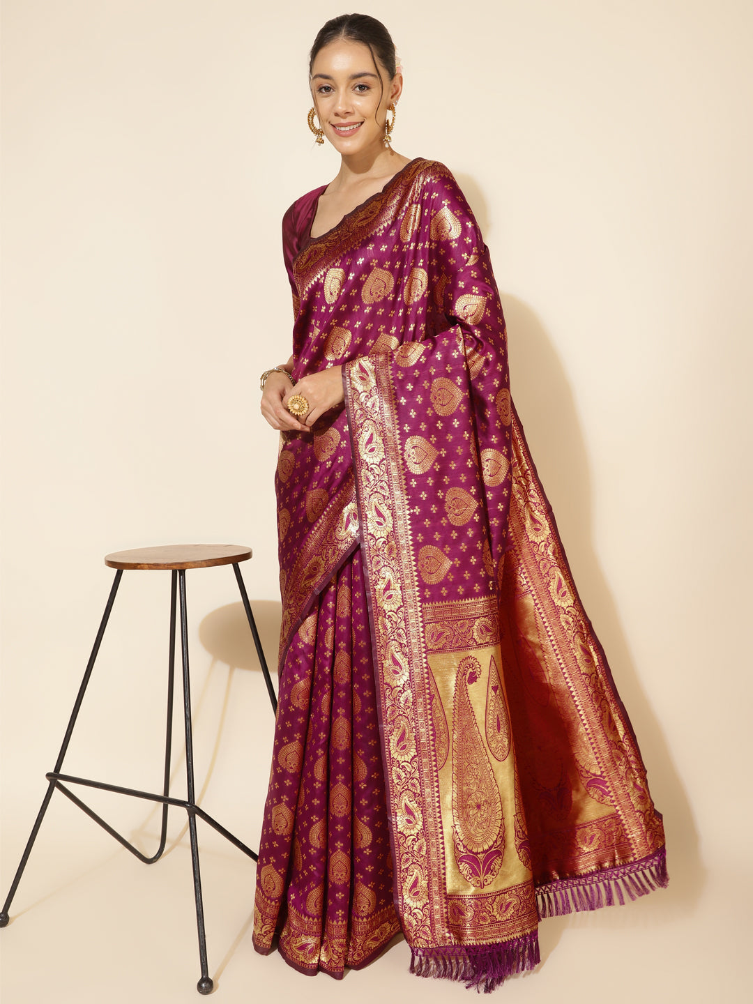 Janasya Wine Banarasi Silk Woven Ethnic Motifs Banarasi Silk Saree - Distacart