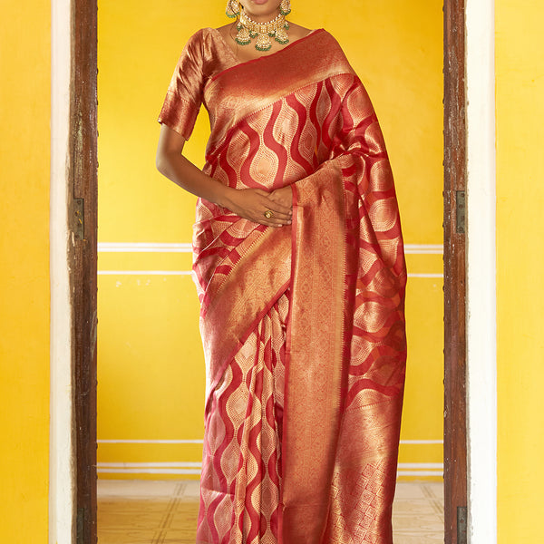 Janasya Red Organza Woven Ethnic Motifs Kanjeevaram Saree - Distacart