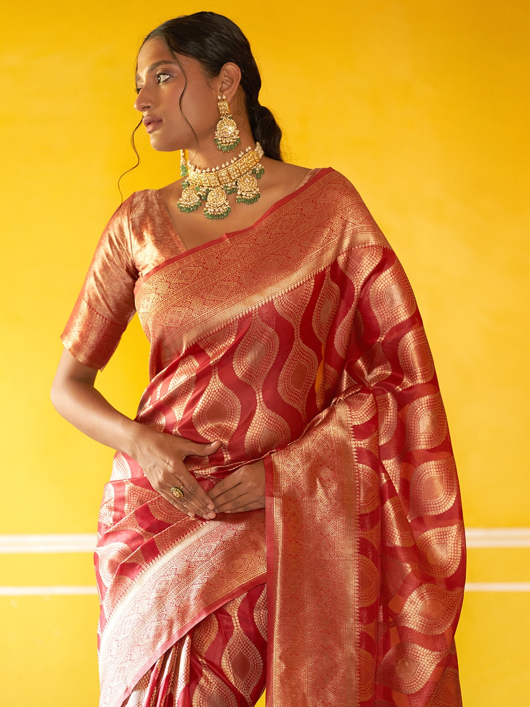 Janasya Red Organza Woven Ethnic Motifs Kanjeevaram Saree - Distacart