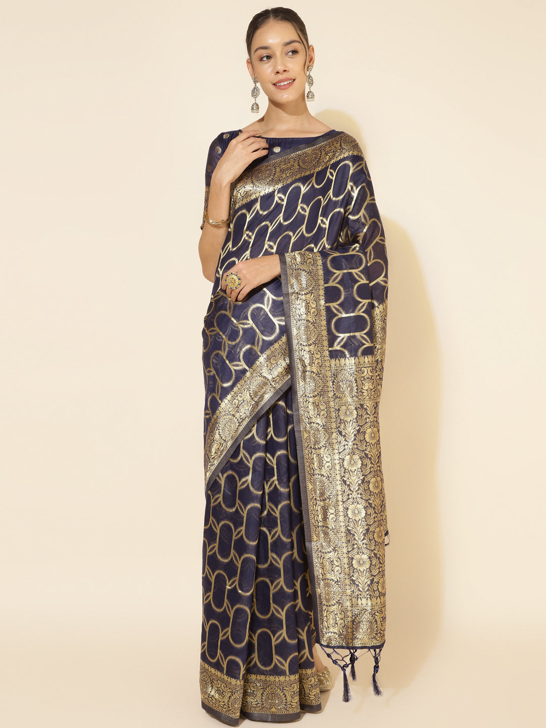 Janasya Navy Blue Chanderi Silk Woven Geometric Chanderi Silk Saree - Distacart