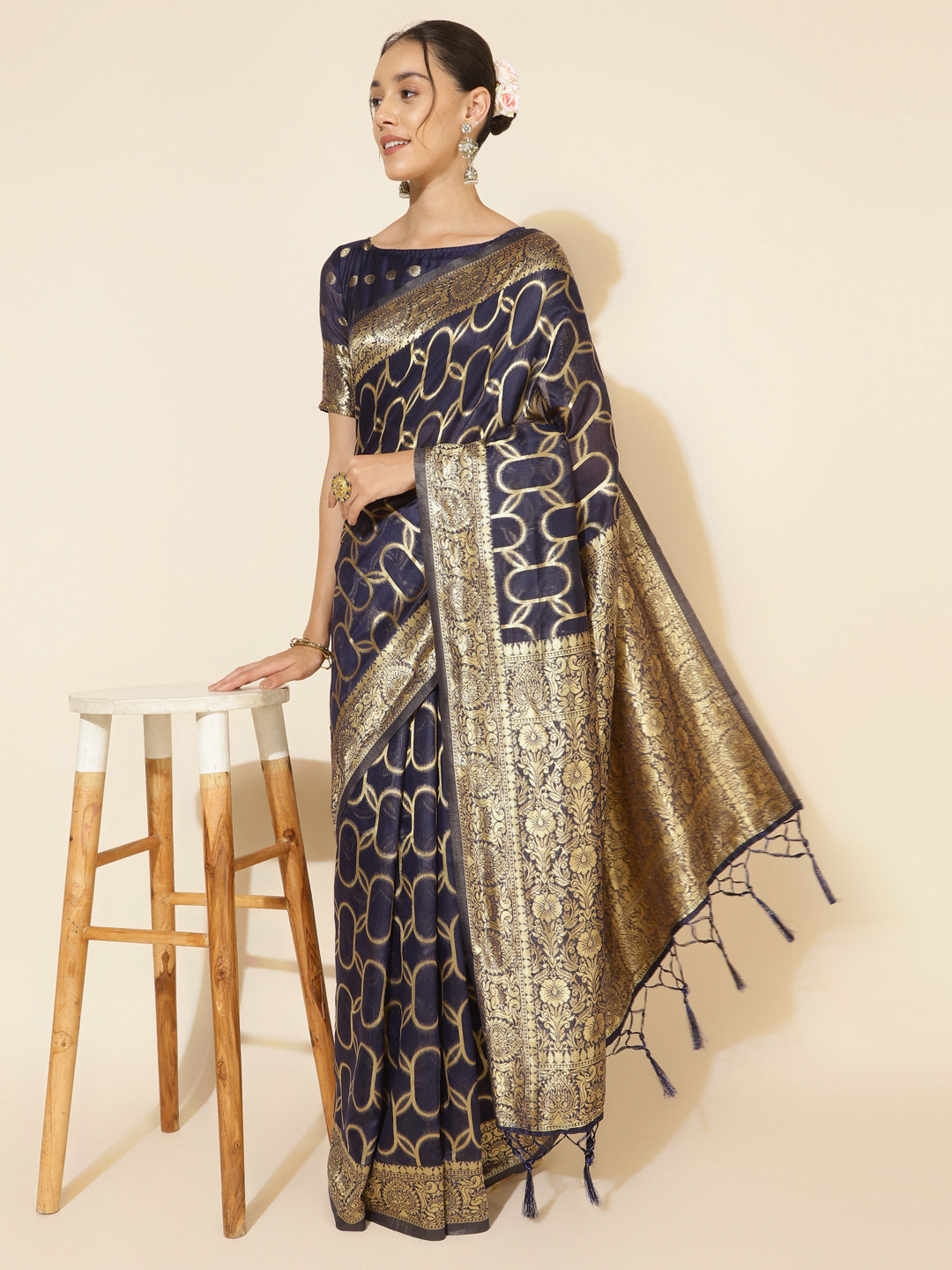 Janasya Navy Blue Chanderi Silk Woven Geometric Chanderi Silk Saree - Distacart