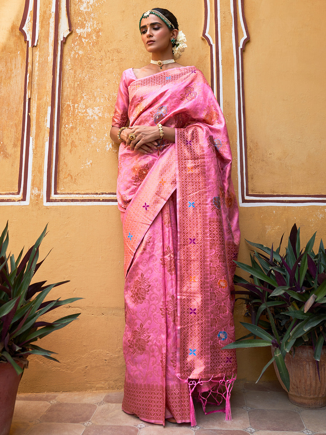 Janasya Light Pink Chanderi Silk Woven Jaal Motif Woven Design Saree - Distacart