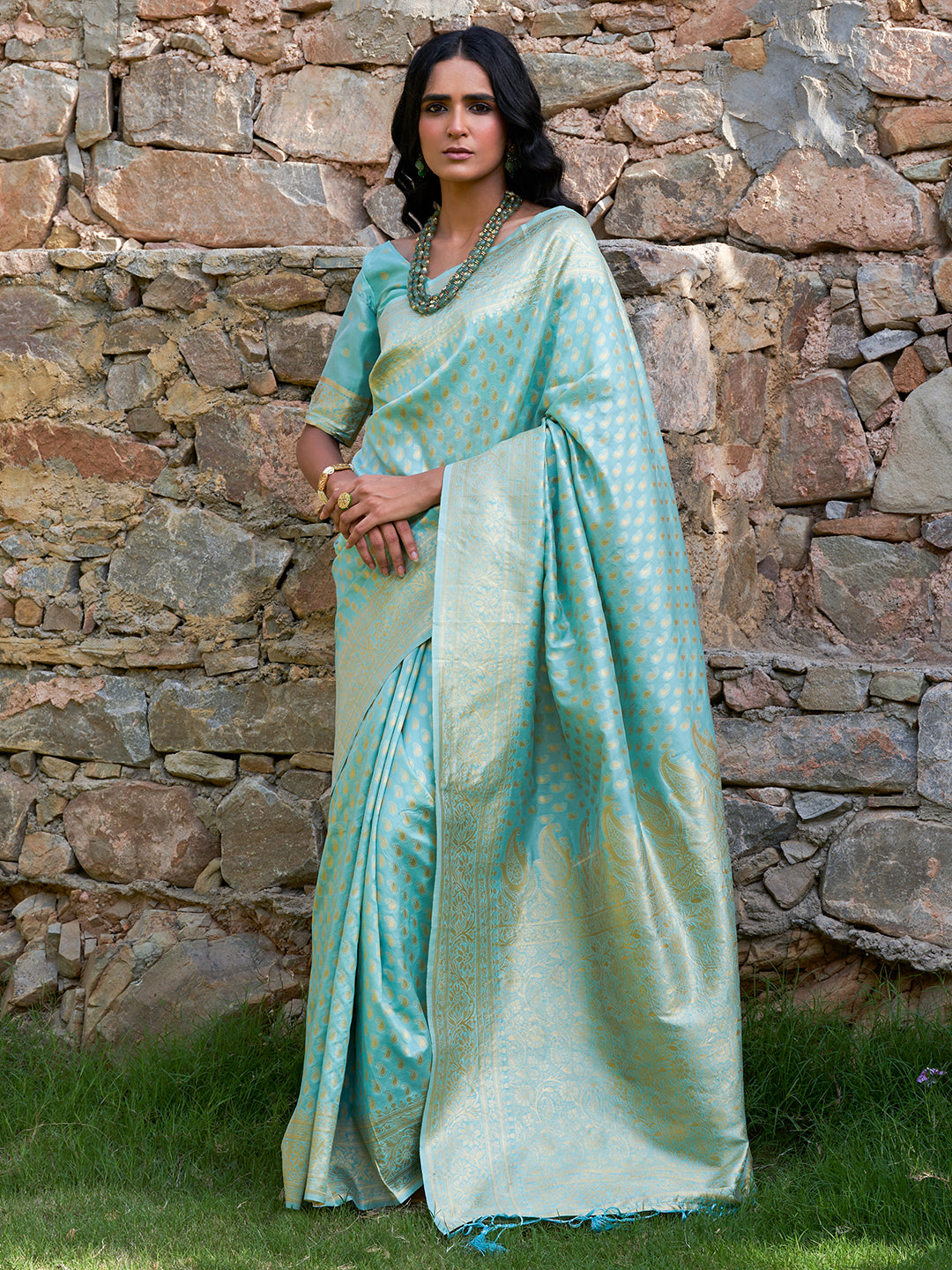 Janasya Sea Green Chanderi Silk Paisley Woven Design Saree - Distacart