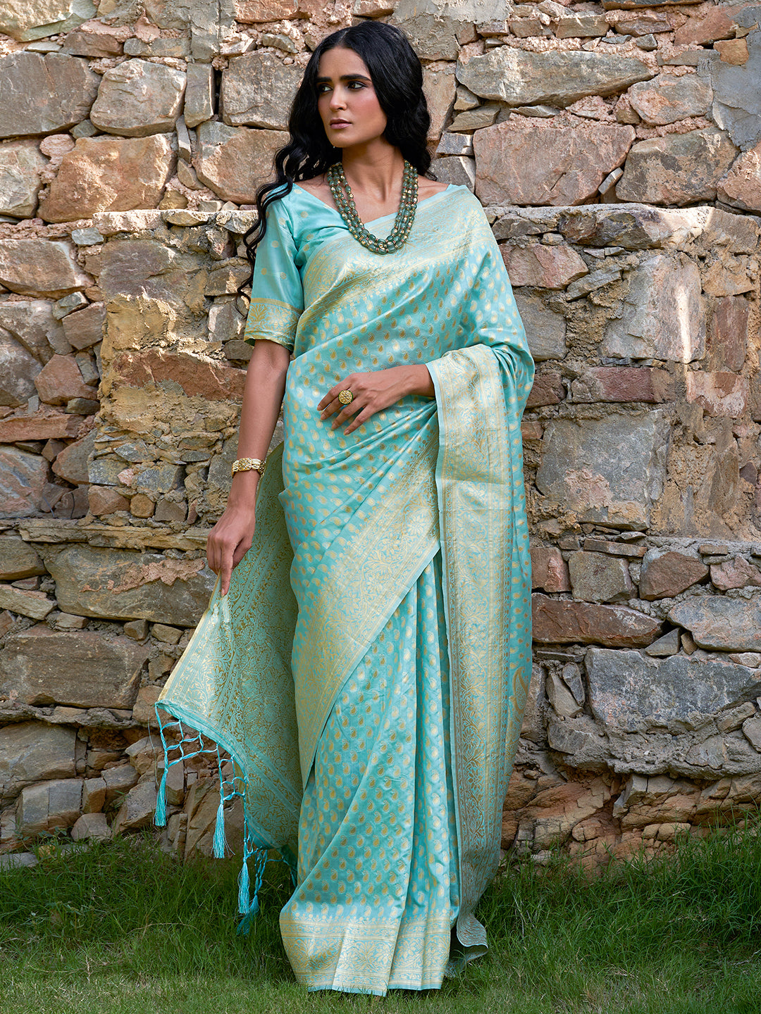 Janasya Sea Green Chanderi Silk Paisley Woven Design Saree - Distacart