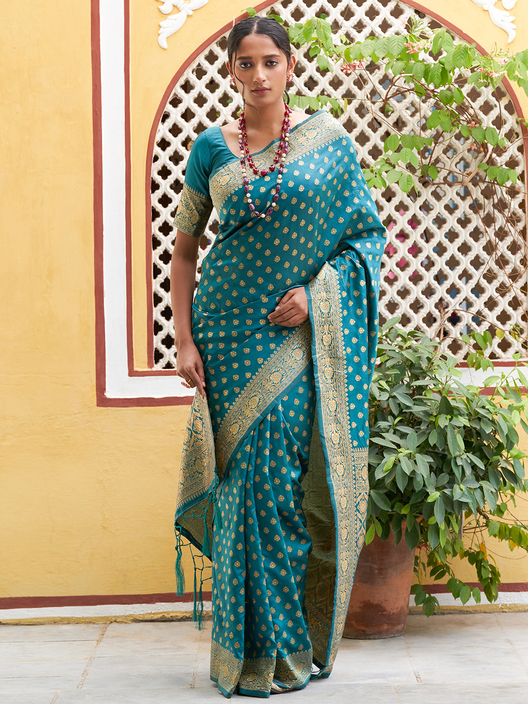 Janasya Teal Green Banarasi Silk Woven Ethnic Motifs Woven Design Saree - Distacart