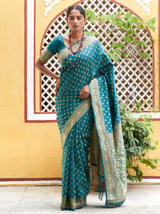 Janasya Teal Green Banarasi Silk Woven Ethnic Motifs Woven Design Saree - Distacart