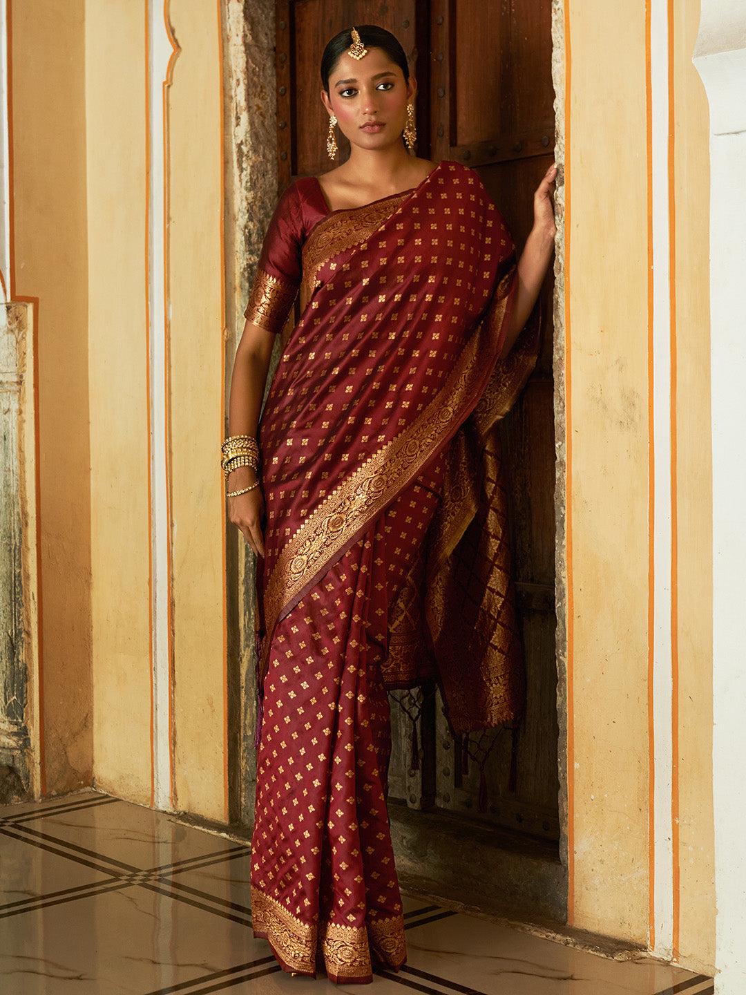 Janasya Maroon Banarasi Silk Woven Ethnic Motifs Woven Design Saree - Distacart