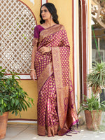 Thumbnail for Janasya Wine Banarasi Silk Woven Ethnic Motifs Woven Design Saree - Distacart