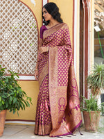 Thumbnail for Janasya Wine Banarasi Silk Woven Ethnic Motifs Woven Design Saree - Distacart