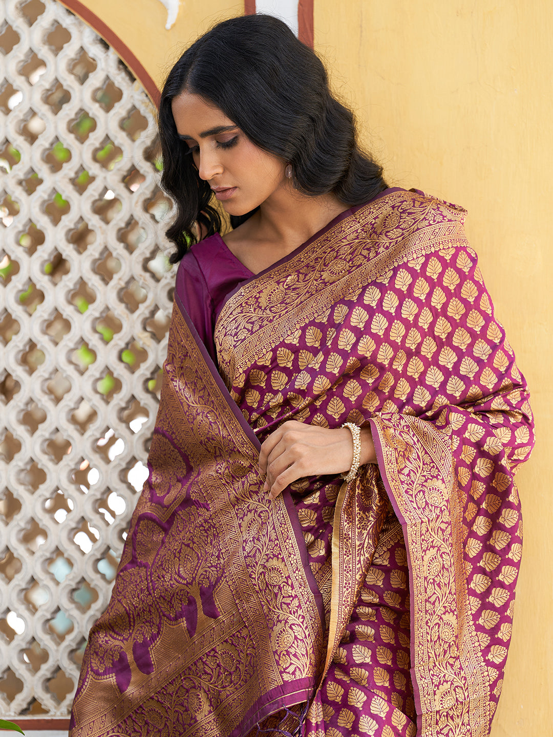 Janasya Wine Banarasi Silk Woven Ethnic Motifs Woven Design Saree - Distacart
