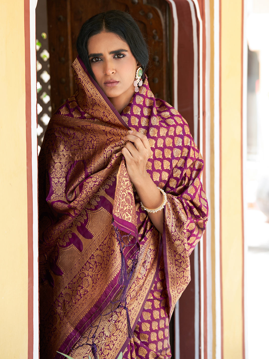 Janasya Wine Banarasi Silk Woven Ethnic Motifs Woven Design Saree - Distacart