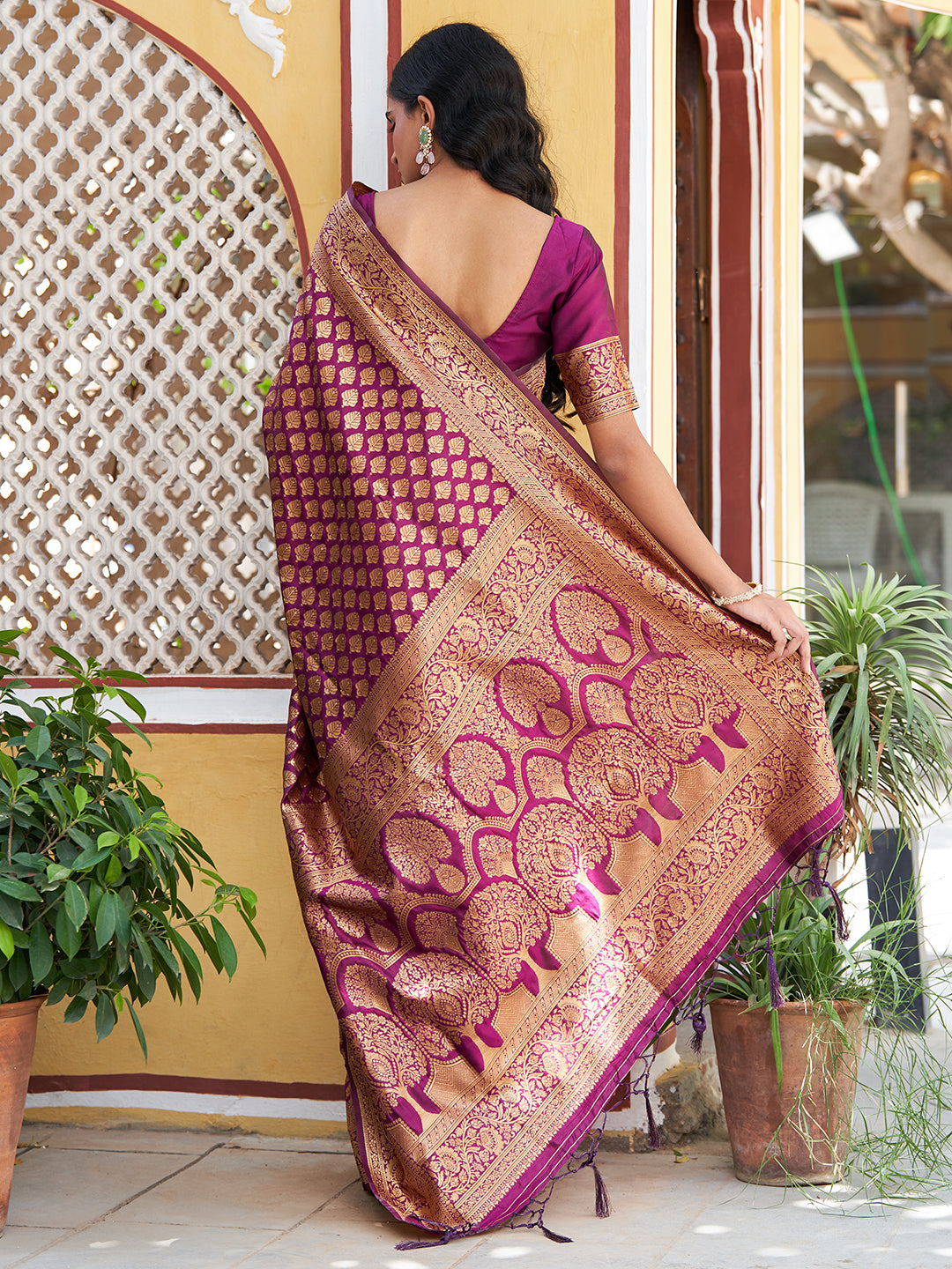 Janasya Wine Banarasi Silk Woven Ethnic Motifs Woven Design Saree - Distacart