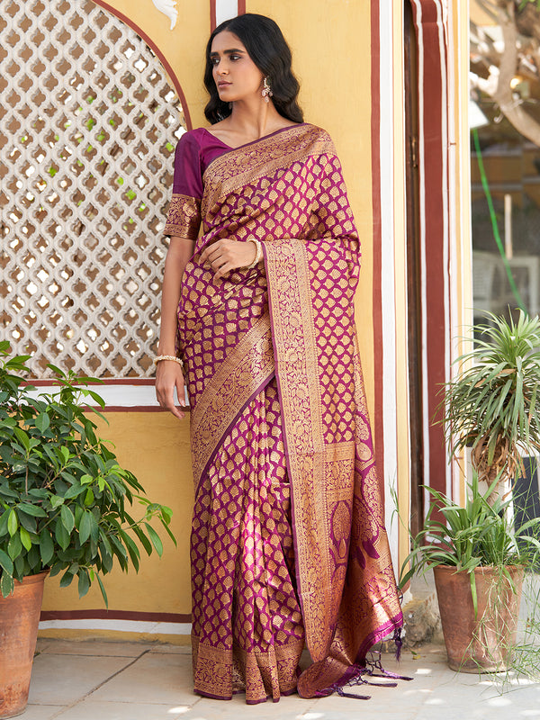 Janasya Wine Banarasi Silk Woven Ethnic Motifs Woven Design Saree - Distacart