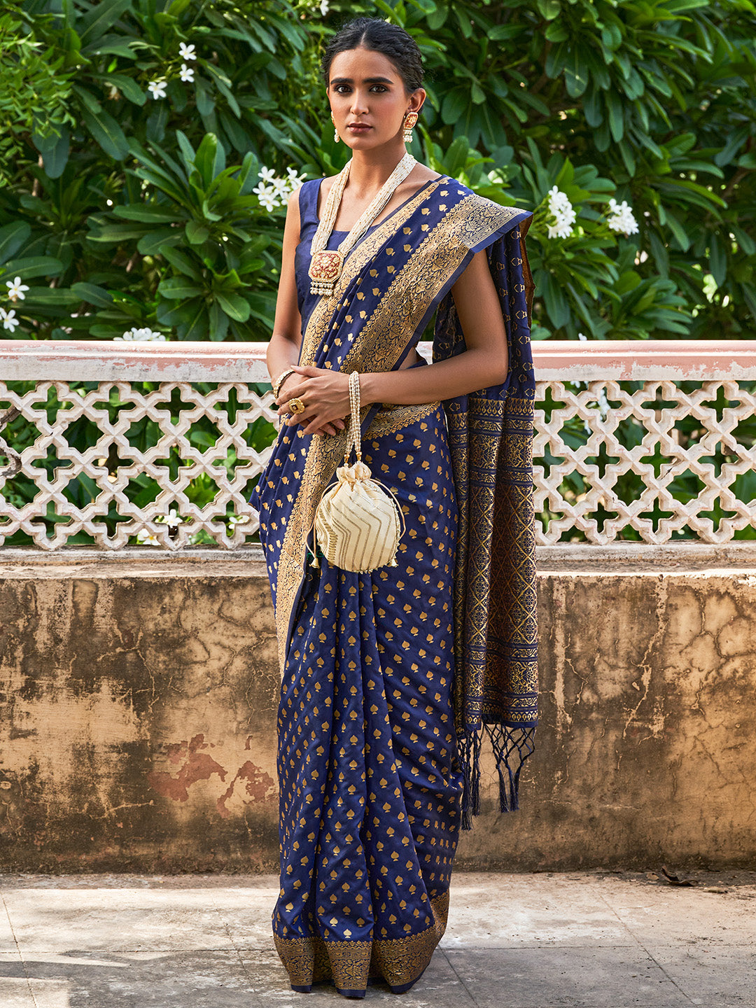 Janasya Navy Blue Banarasi Silk Ethnic Motifs Woven Design Saree - Distacart