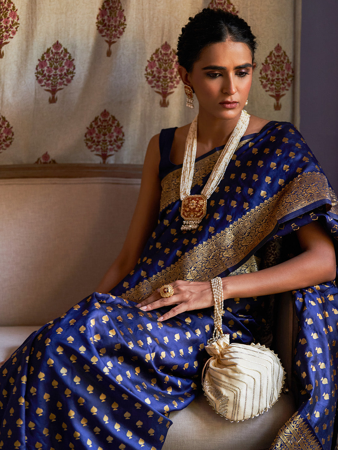 Janasya Navy Blue Banarasi Silk Ethnic Motifs Woven Design Saree - Distacart