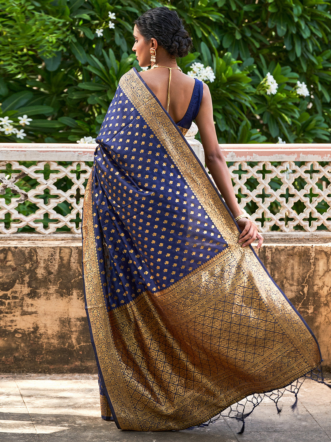 Janasya Navy Blue Banarasi Silk Ethnic Motifs Woven Design Saree - Distacart