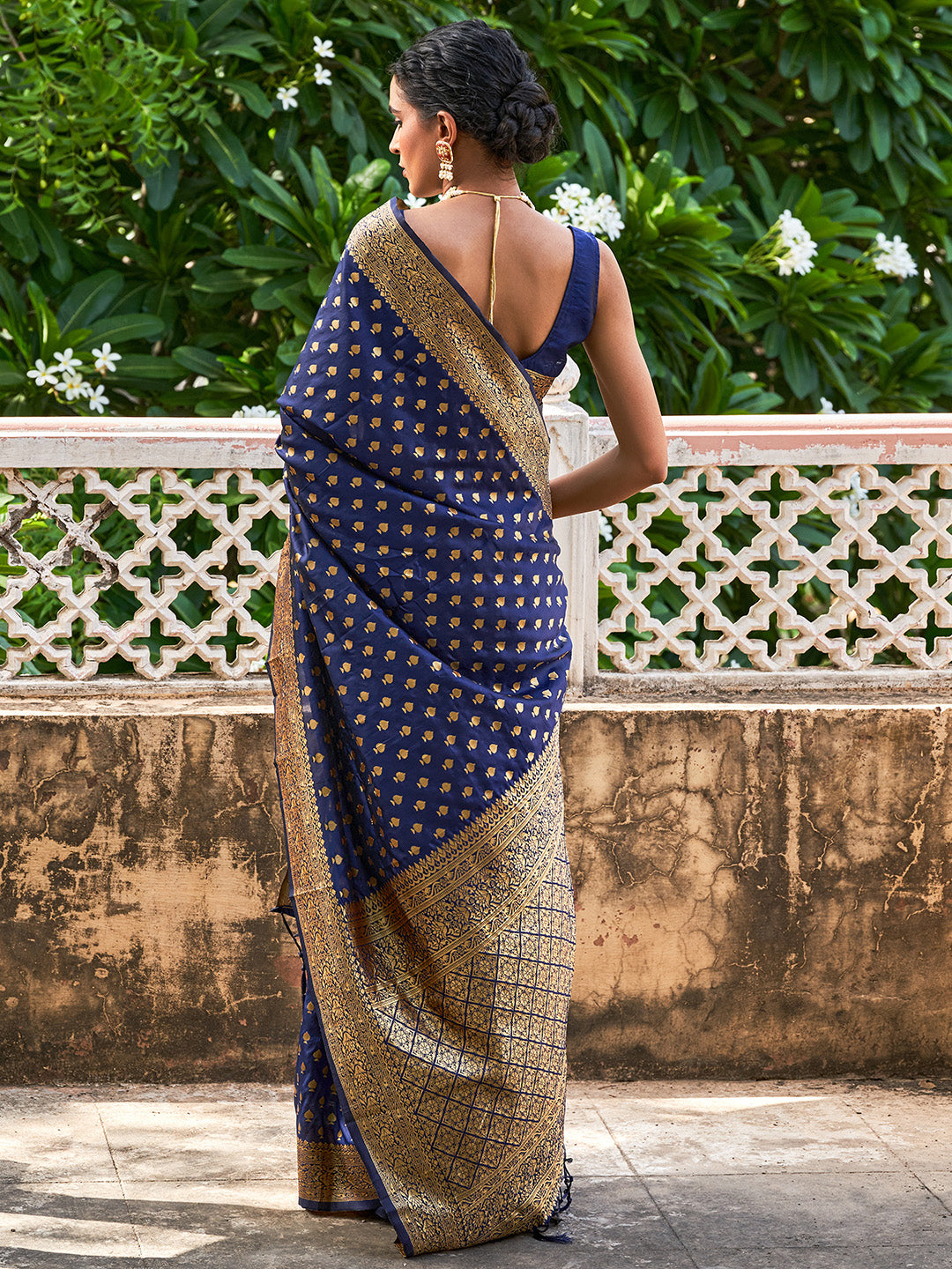 Janasya Navy Blue Banarasi Silk Ethnic Motifs Woven Design Saree - Distacart