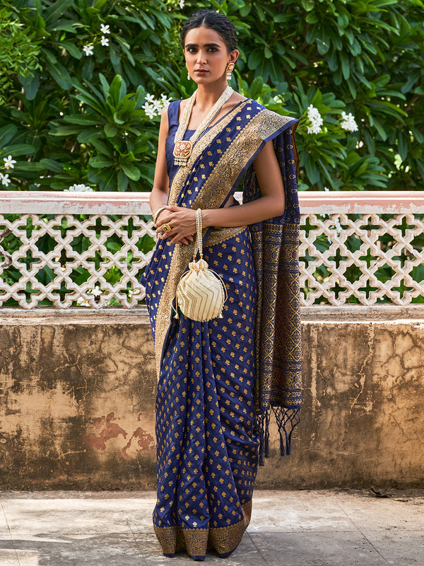 Janasya Navy Blue Banarasi Silk Ethnic Motifs Woven Design Saree - Distacart