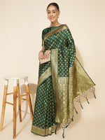Thumbnail for Janasya Green Banarasi Silk Ethnic Motifs Woven Design Saree - Distacart