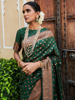Thumbnail for Janasya Green Banarasi Silk Ethnic Motifs Woven Design Saree - Distacart