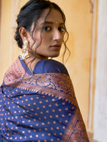 Thumbnail for Janasya Navy Blue Banarasi Silk Ethnic Motifs Woven Design Saree - Distacart