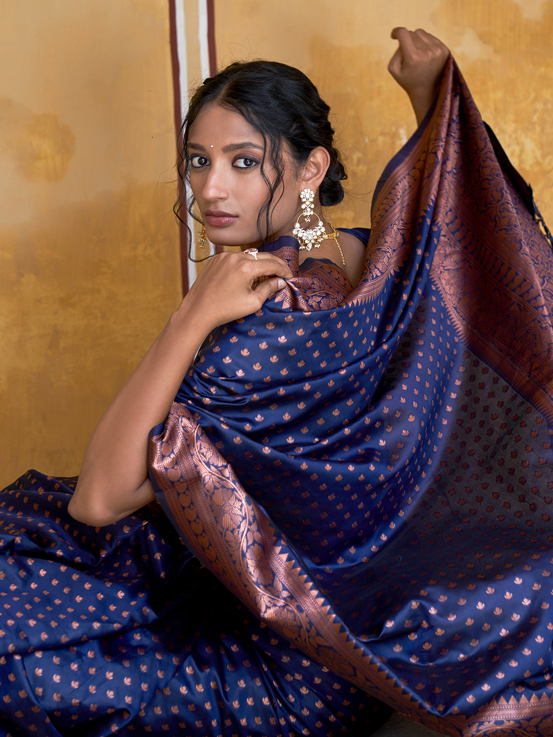Janasya Navy Blue Banarasi Silk Ethnic Motifs Woven Design Saree - Distacart