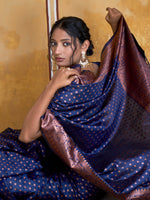 Thumbnail for Janasya Navy Blue Banarasi Silk Ethnic Motifs Woven Design Saree - Distacart