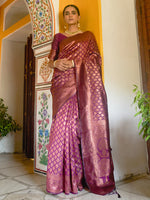 Thumbnail for Janasya Wine Banarasi Silk Woven Ethnic Motifs Banarasi Silk Saree - Distacart