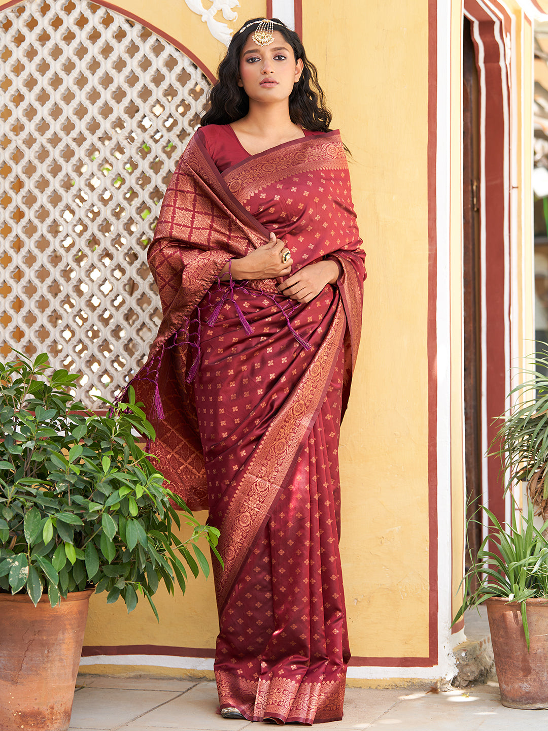 Janasya Maroon Banarasi Silk Ethnic Motifs Woven Design Saree - Distacart