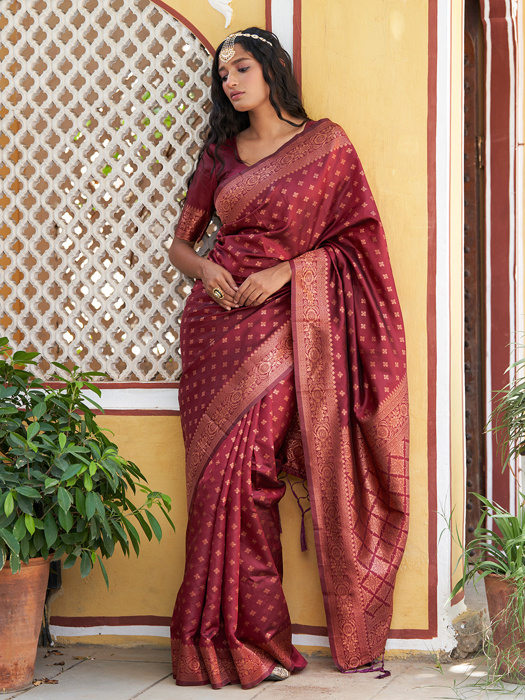 Janasya Maroon Banarasi Silk Ethnic Motifs Woven Design Saree - Distacart