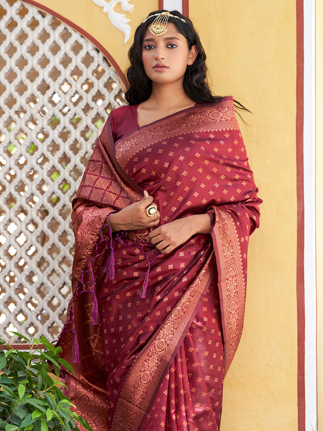Janasya Maroon Banarasi Silk Ethnic Motifs Woven Design Saree - Distacart