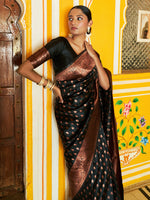 Thumbnail for Janasya Black Banarasi Silk Ethnic Motifs Woven Design Saree - Distacart