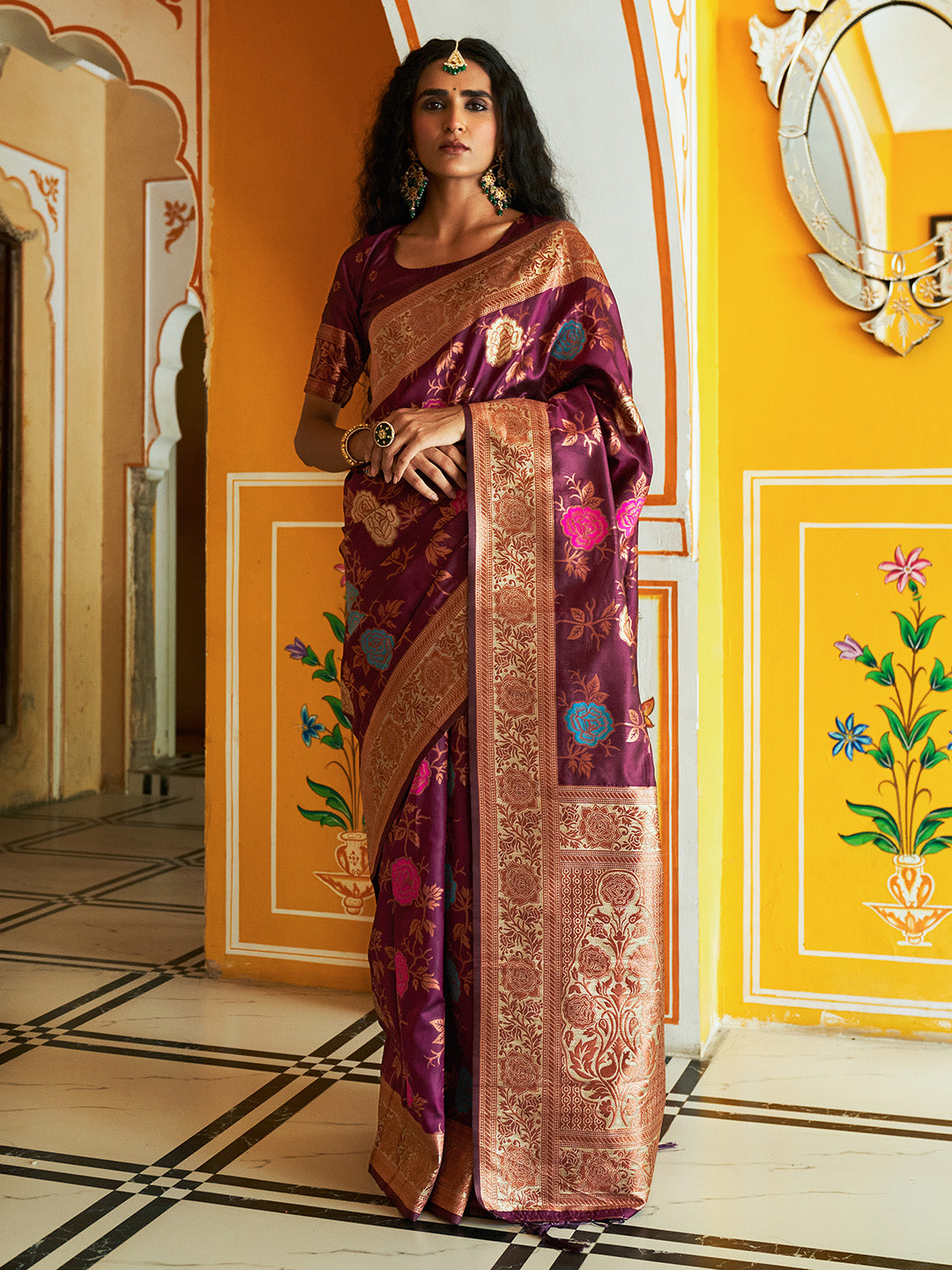 Janasya Wine Banarasi Silk Ethnic Motifs Woven Design Saree - Distacart