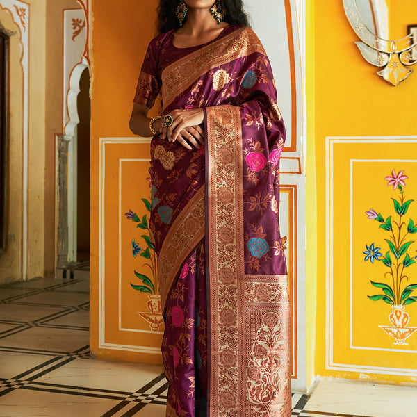 Janasya Wine Banarasi Silk Ethnic Motifs Woven Design Saree - Distacart