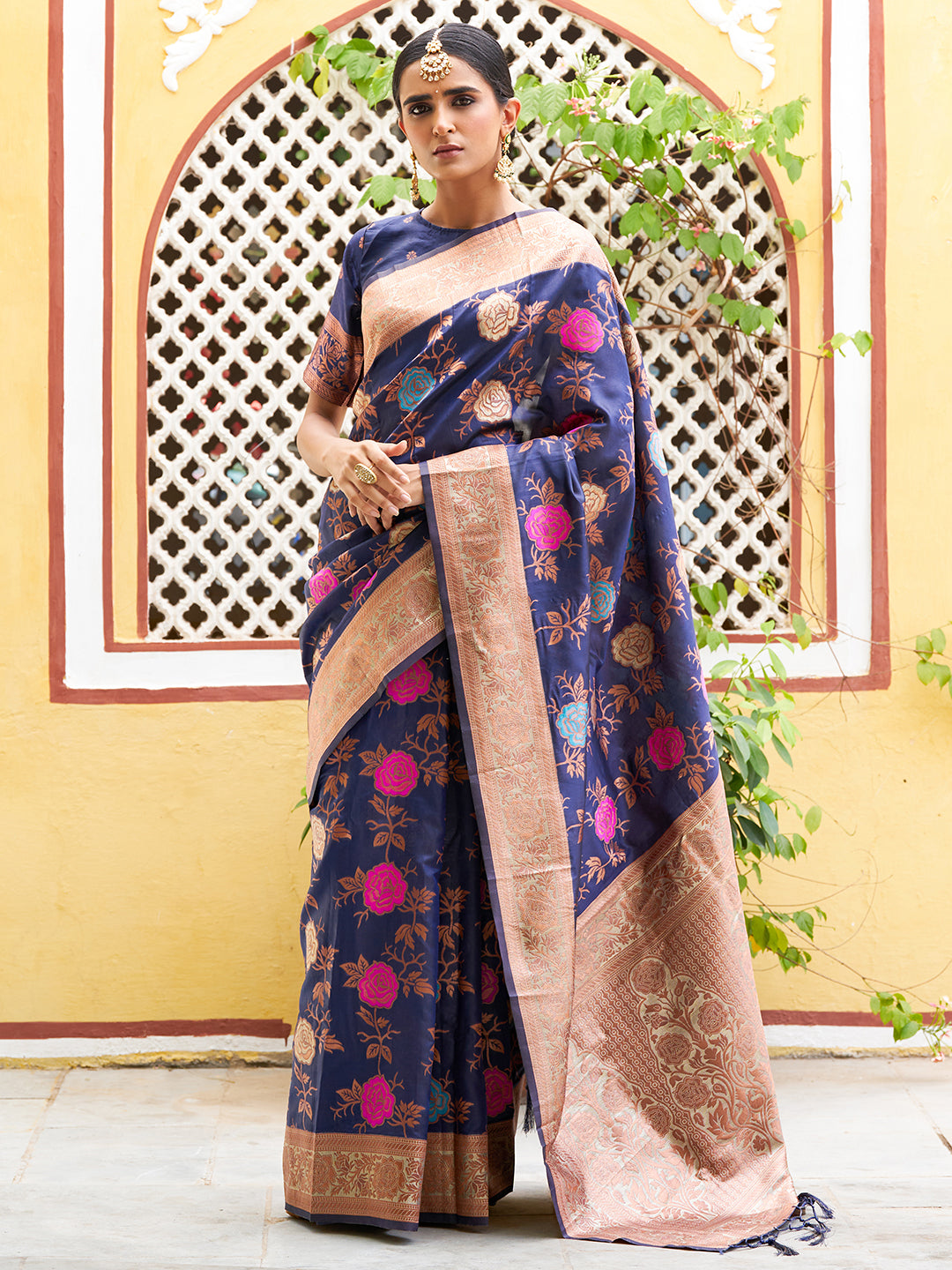 Janasya Navy Blue Banarasi Silk Floral Woven Design Saree - Distacart