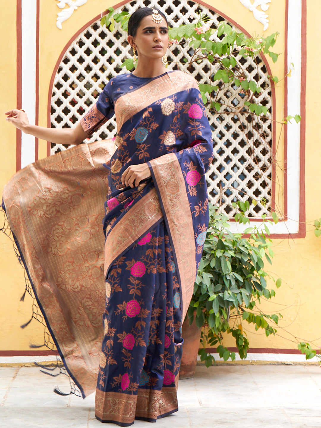 Janasya Navy Blue Banarasi Silk Floral Woven Design Saree - Distacart