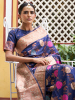 Thumbnail for Janasya Navy Blue Banarasi Silk Floral Woven Design Saree - Distacart