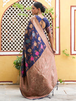 Thumbnail for Janasya Navy Blue Banarasi Silk Floral Woven Design Saree - Distacart