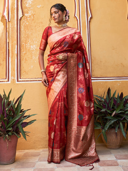 Janasya Red Banarasi Silk Floral Woven Design Saree - Distacart