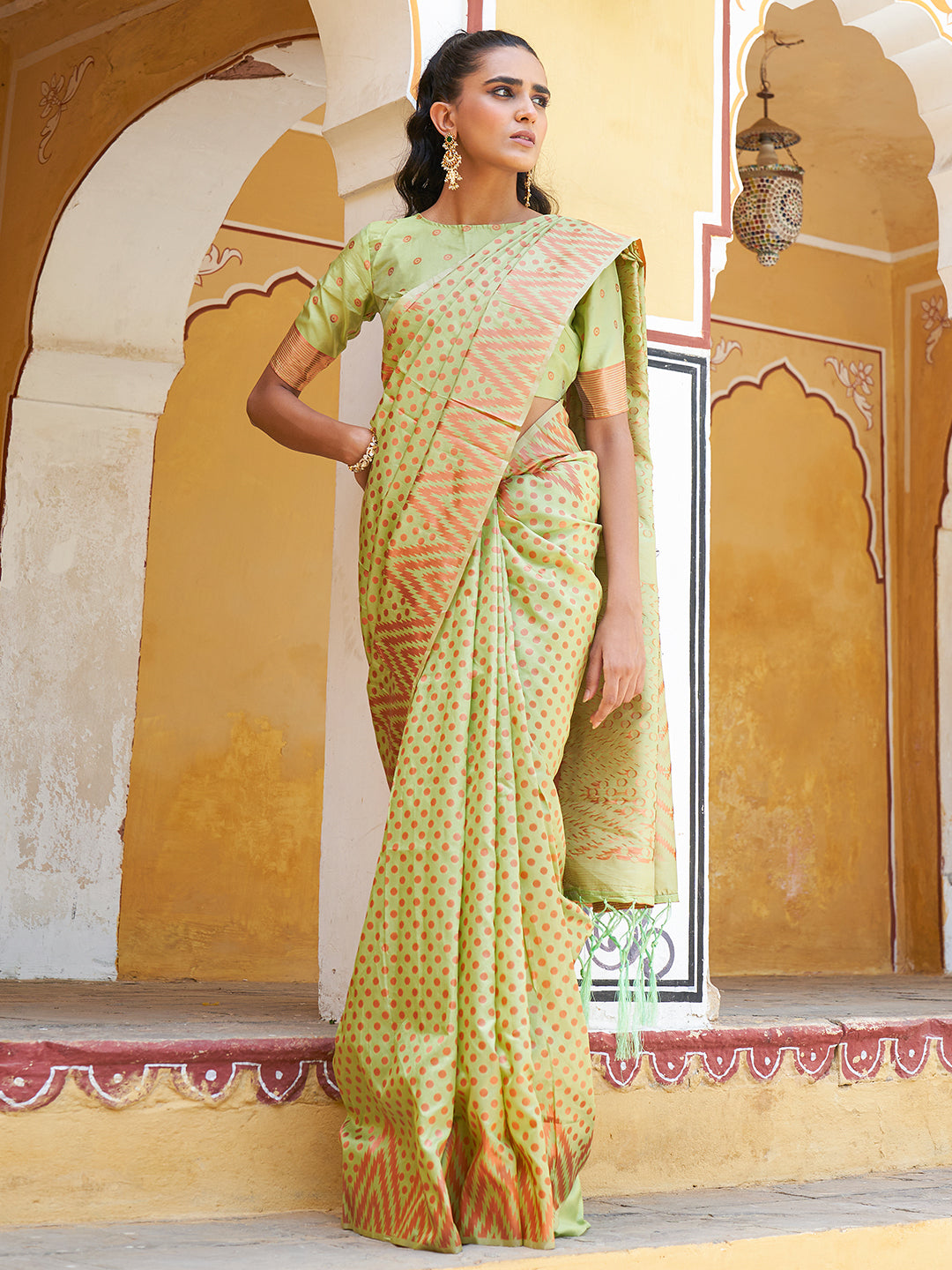 Janasya Pista Green Silk Blend Woven Polka Woven Design Saree - Distacart