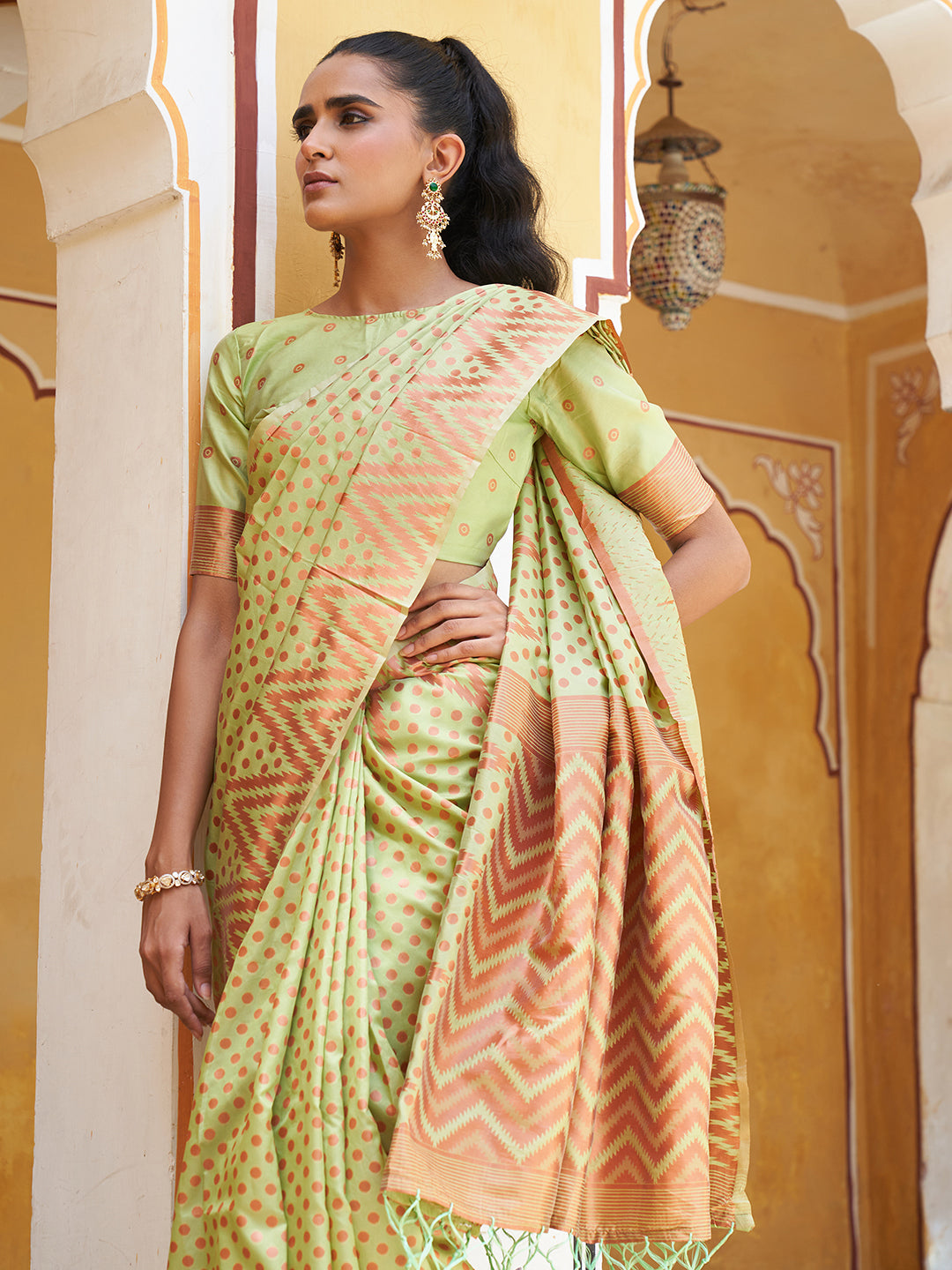 Janasya Pista Green Silk Blend Woven Polka Woven Design Saree - Distacart