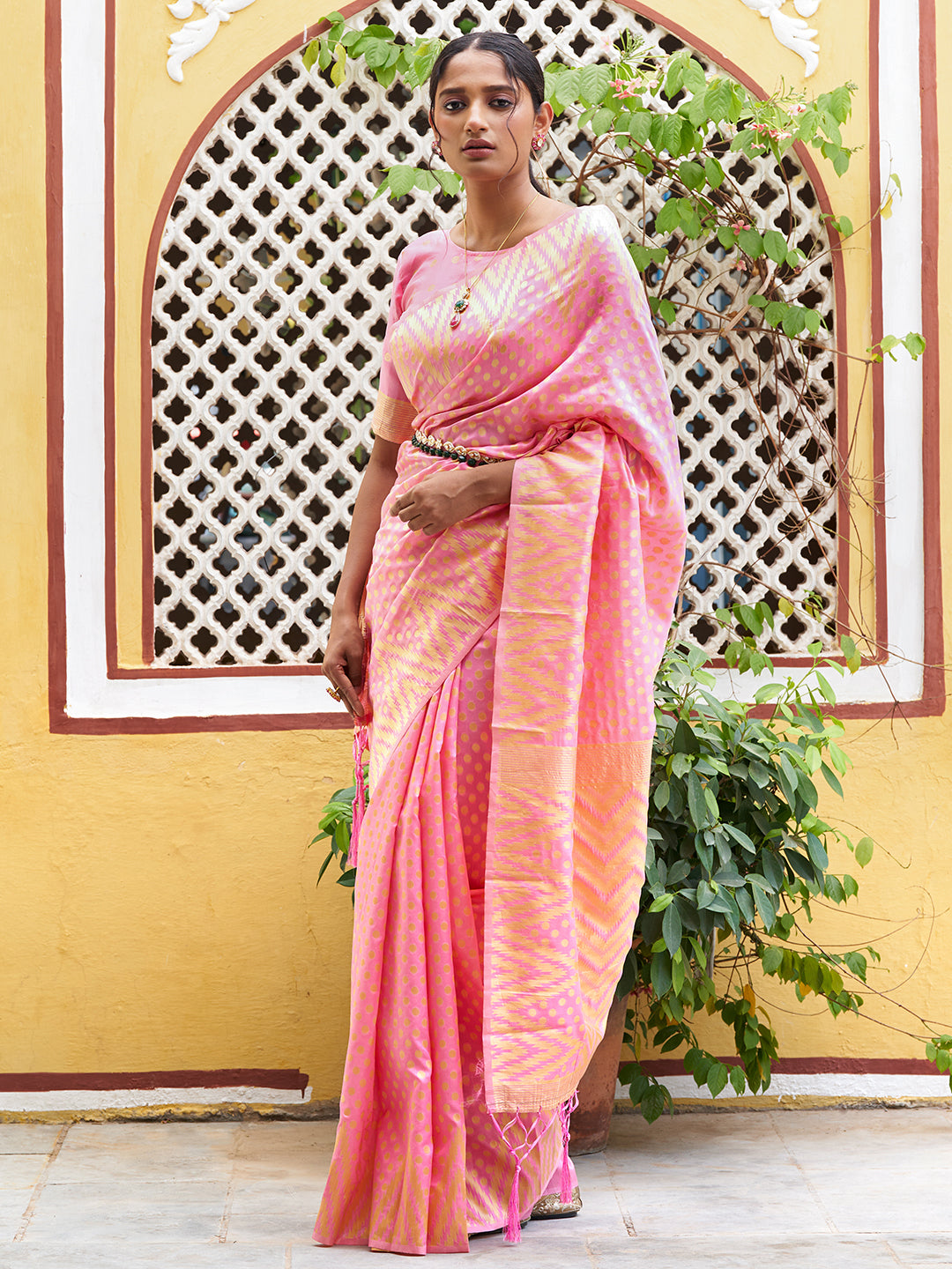 Janasya Pink Silk Blend Woven Polka Woven Design Saree - Distacart