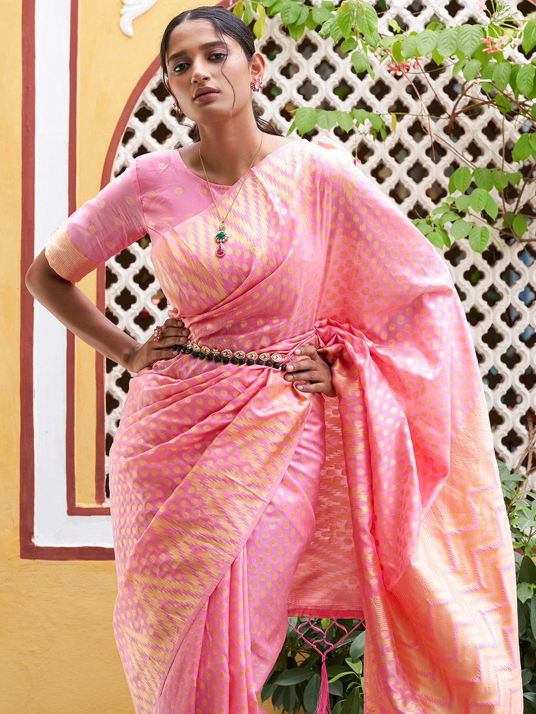 Janasya Pink Silk Blend Woven Polka Woven Design Saree - Distacart